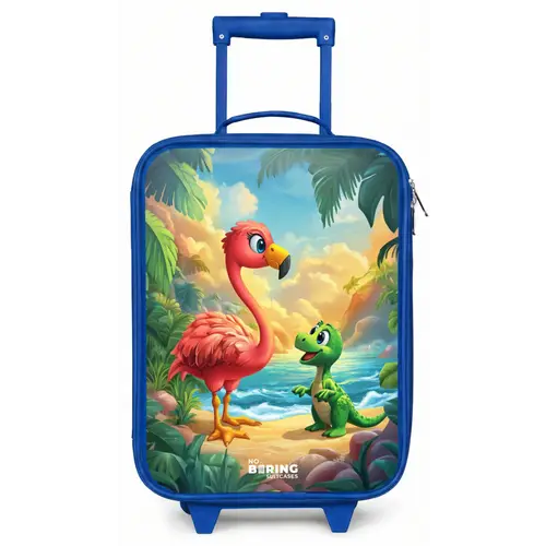 Flamingo en dinosaurus op strand bij ondergaande zon Kinderkoffer - Blauw klein -zz3dotto