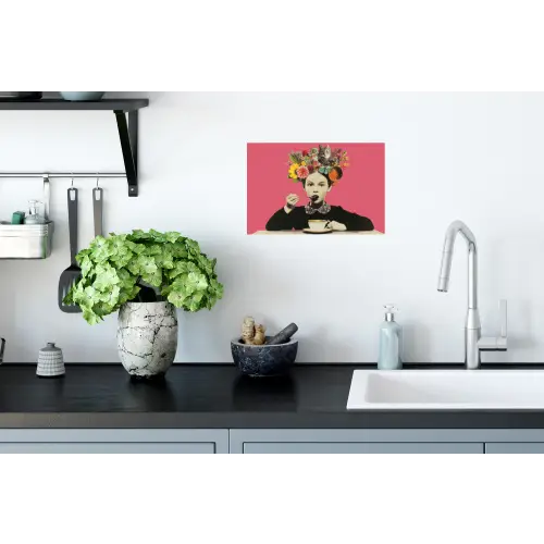 Meisje - Kopje - Bloemen - Roze Muursticker klein -keuken