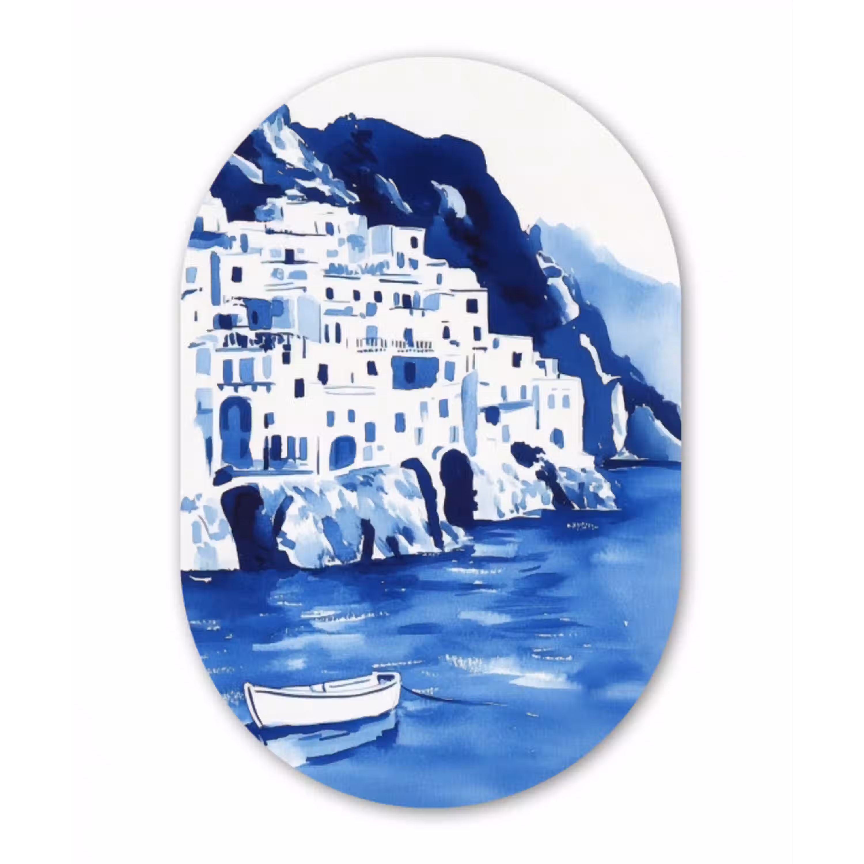Dorp - Rotswand - Roeiboot - Water Wandcirkel Ovaal Glas middel -3d