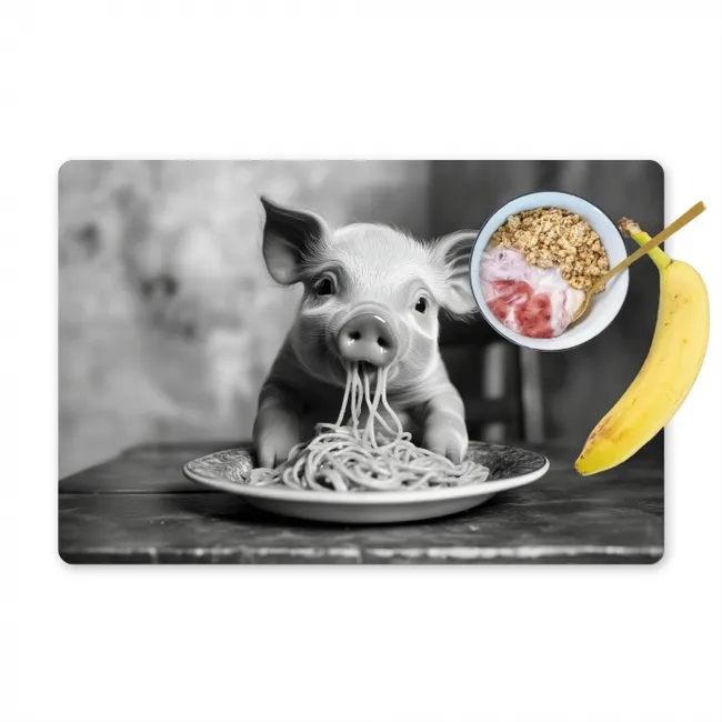 Varken - Schattig - Spaghetti - Zwart wit - Dier Placemat vinyl groot -zzzproduct_Kitchenyeah-website