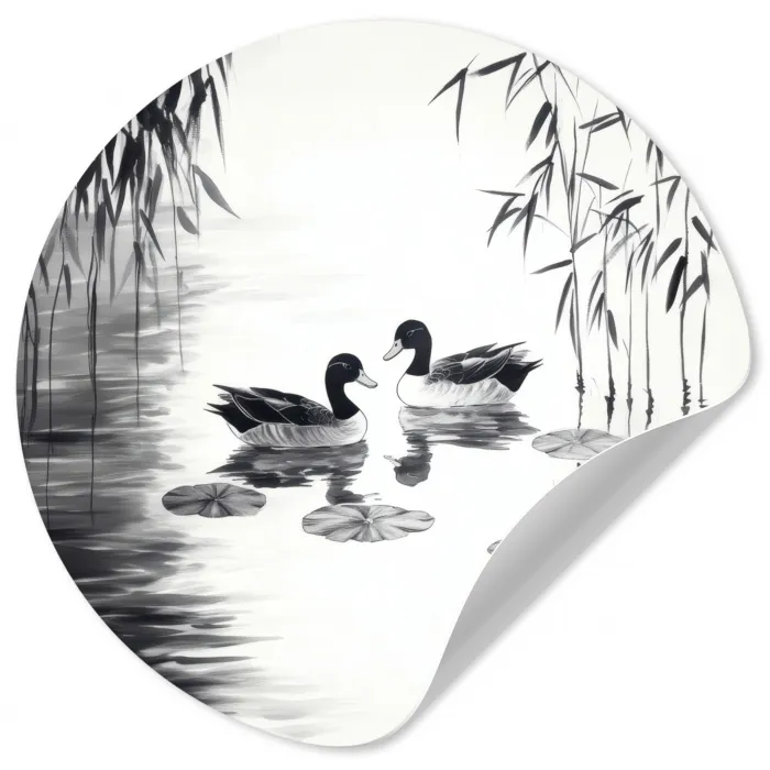 Eenden - Waterlelies - Riet - Zwart Wandcirkel behangsticker klein -3d