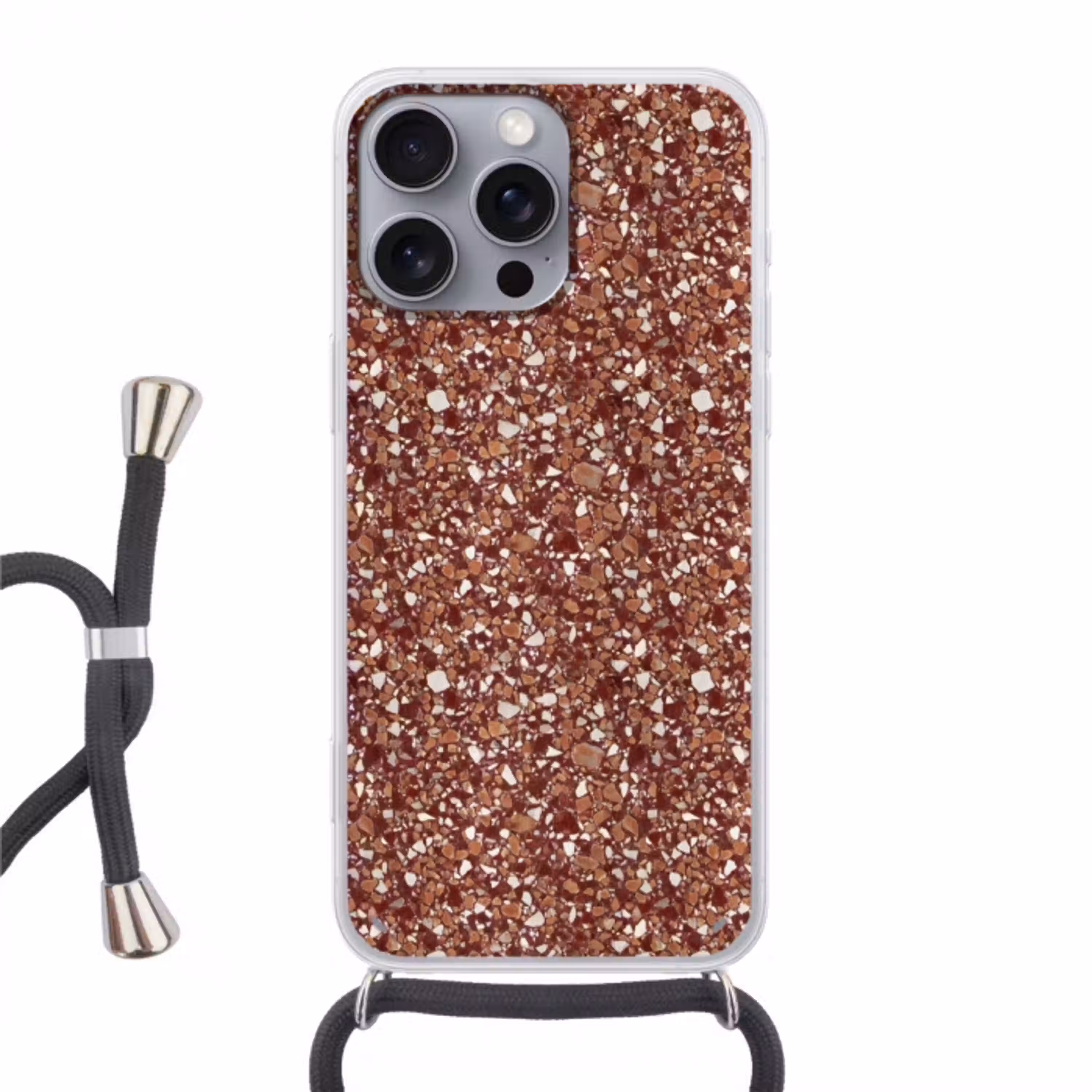Terrazzo - Patroon - Steentextuur - Roodbruin Hoesje iPhone 16 Pro Max met koord klein 804 -3d