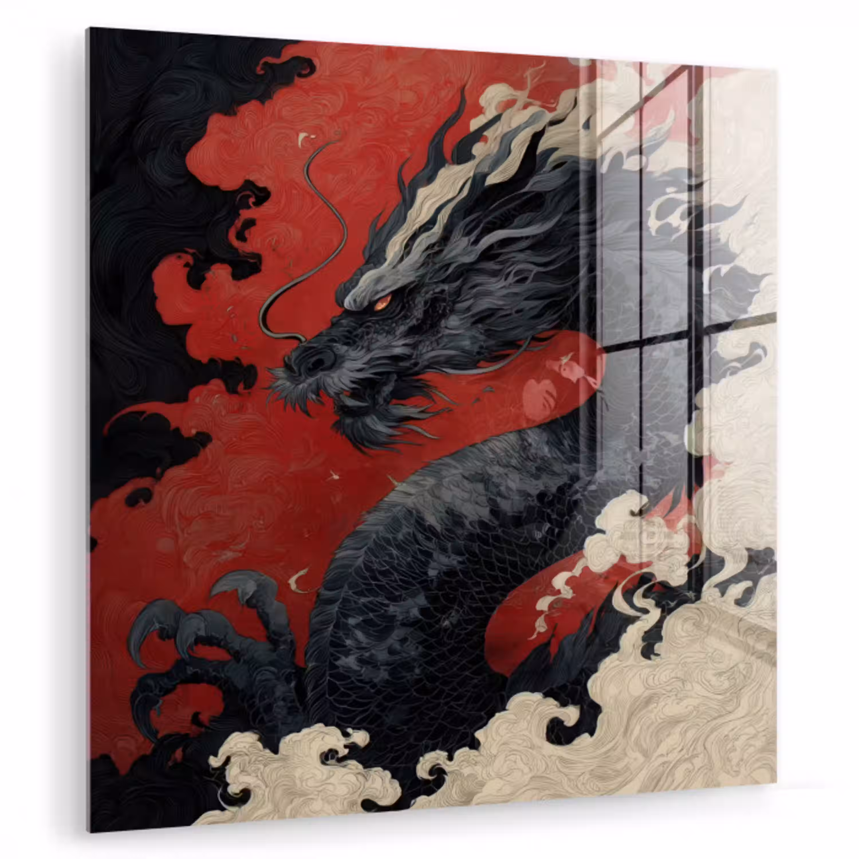 Zwarte draak - Rookwolken - Rood plexiglas 5mm klein -zzzproduct_nieuw