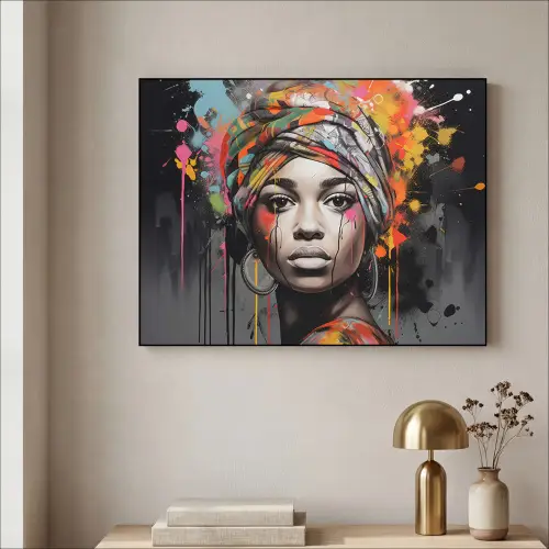 Vrouw - Hoofddoek - Graffiti - Zwart Textielframe zwart klein -sfeer2
