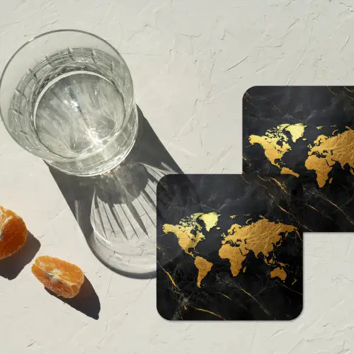 Wereldkaart - Goud - Marmer onderzetter kurk middel -sfeer4