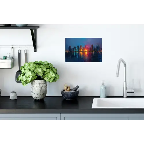 Skyline - Penseelstreken - Donkerblauw - Lichtgevend Muursticker klein -keuken