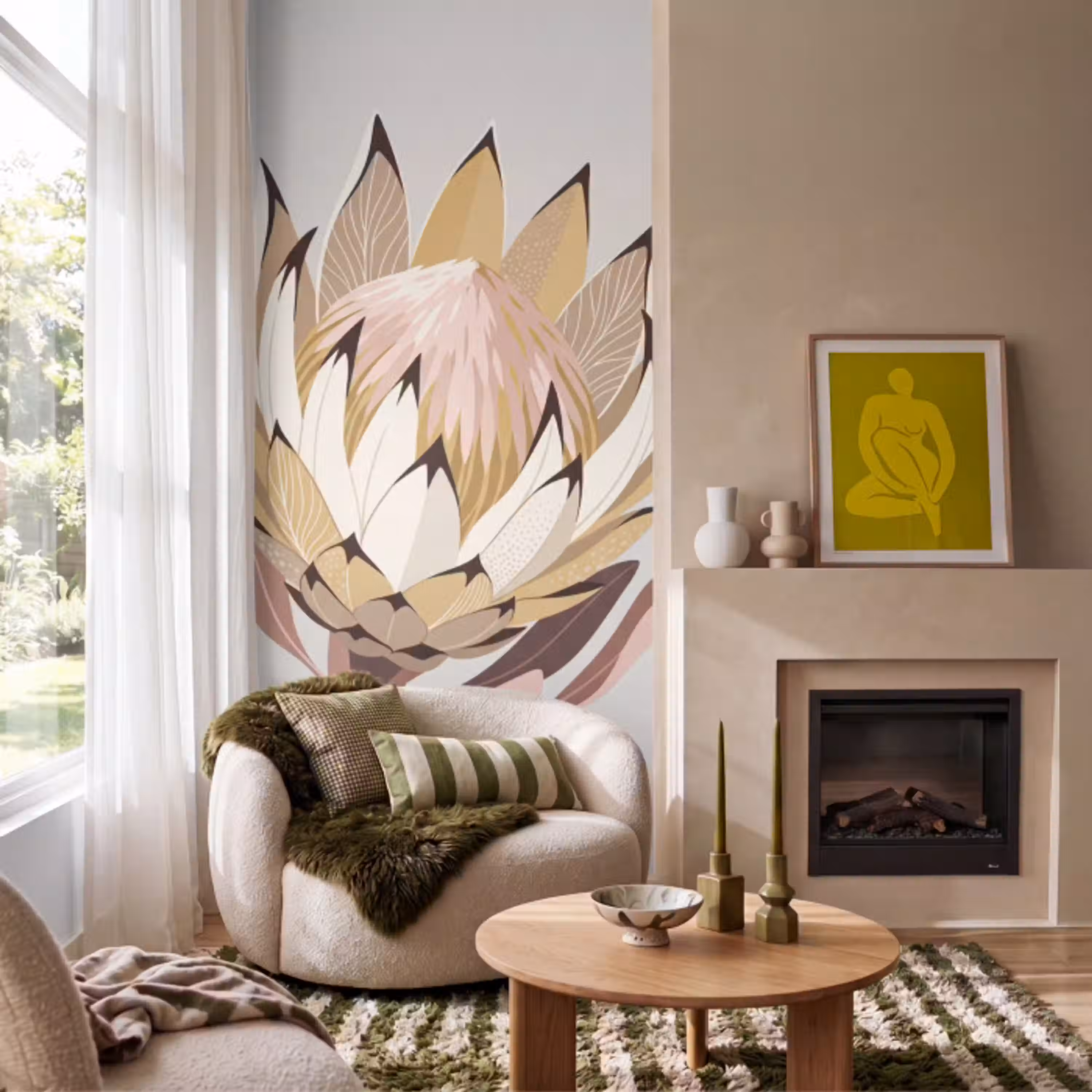 Protea - Bloem - Botanisch - Beige Behang Vlies klein -sfeer2