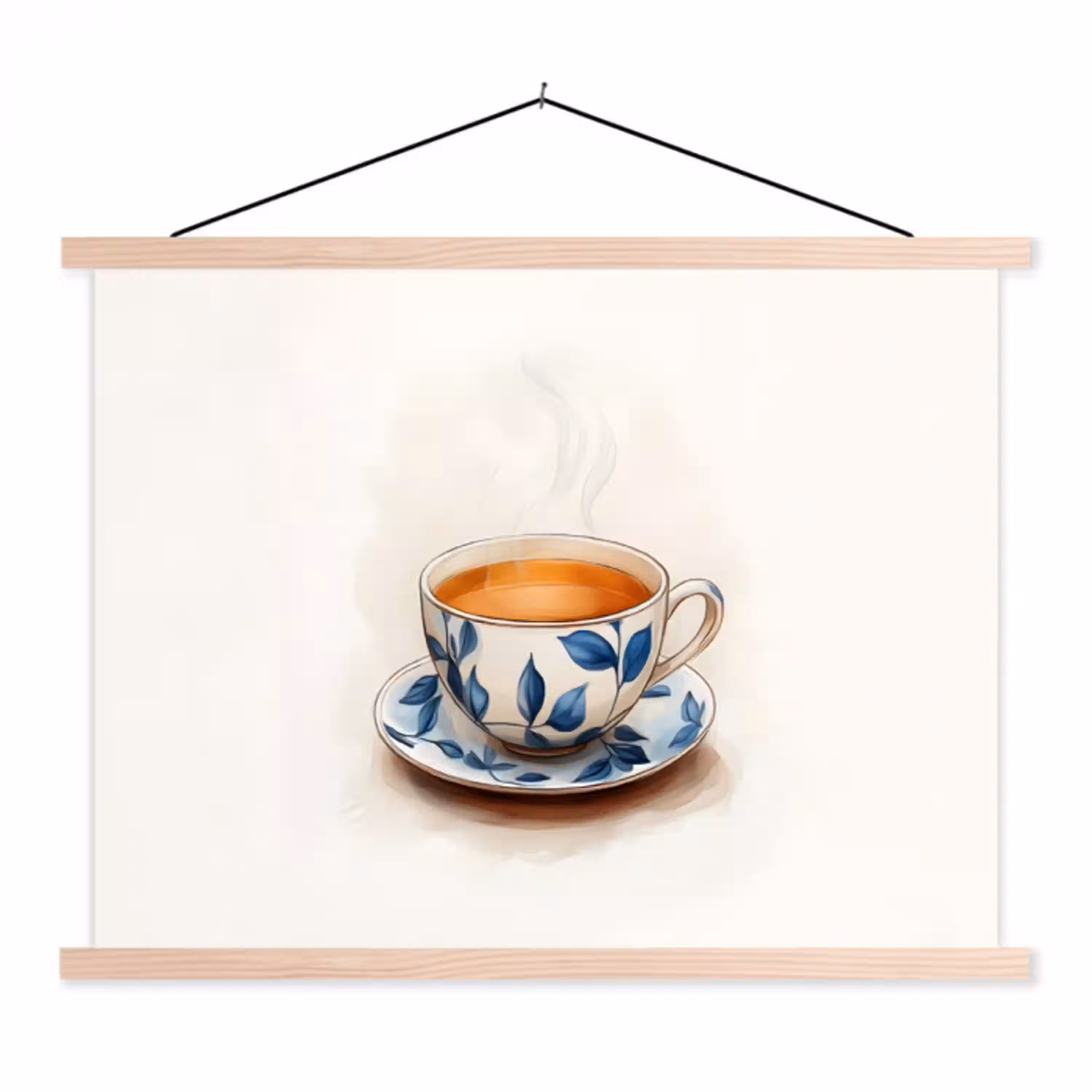 Theekop - Bladeren - Blauw textielposter latten blank klein -3d