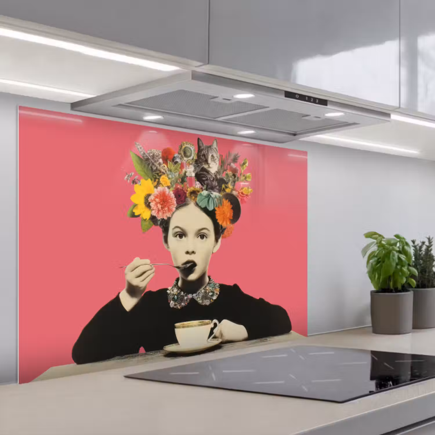 Spatscherm keuken - Meisje - Kopje - Bloemen - Roze