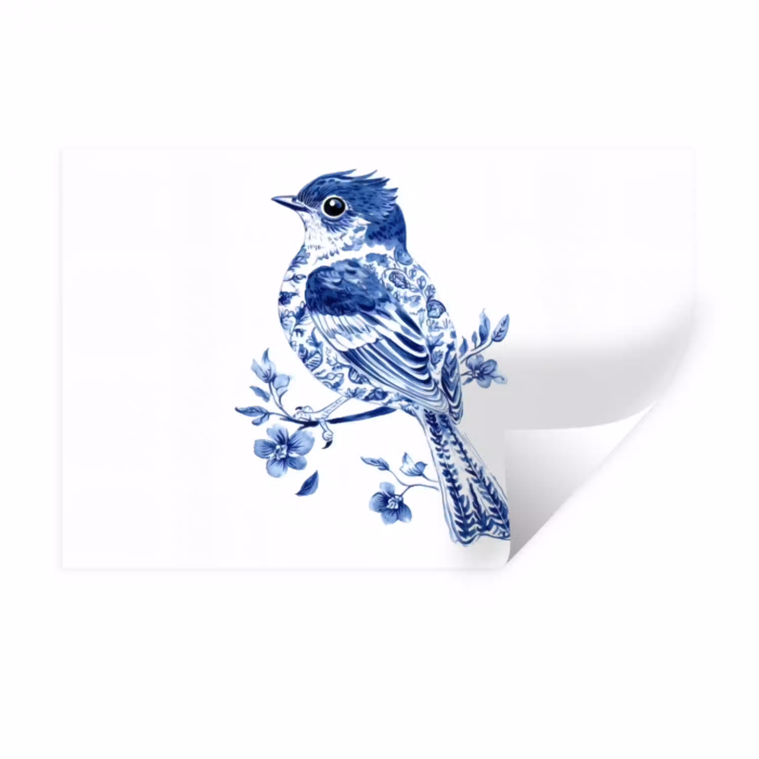 Vogel - Delfts blauw - Illustratie - Bloemen Muursticker klein -3d