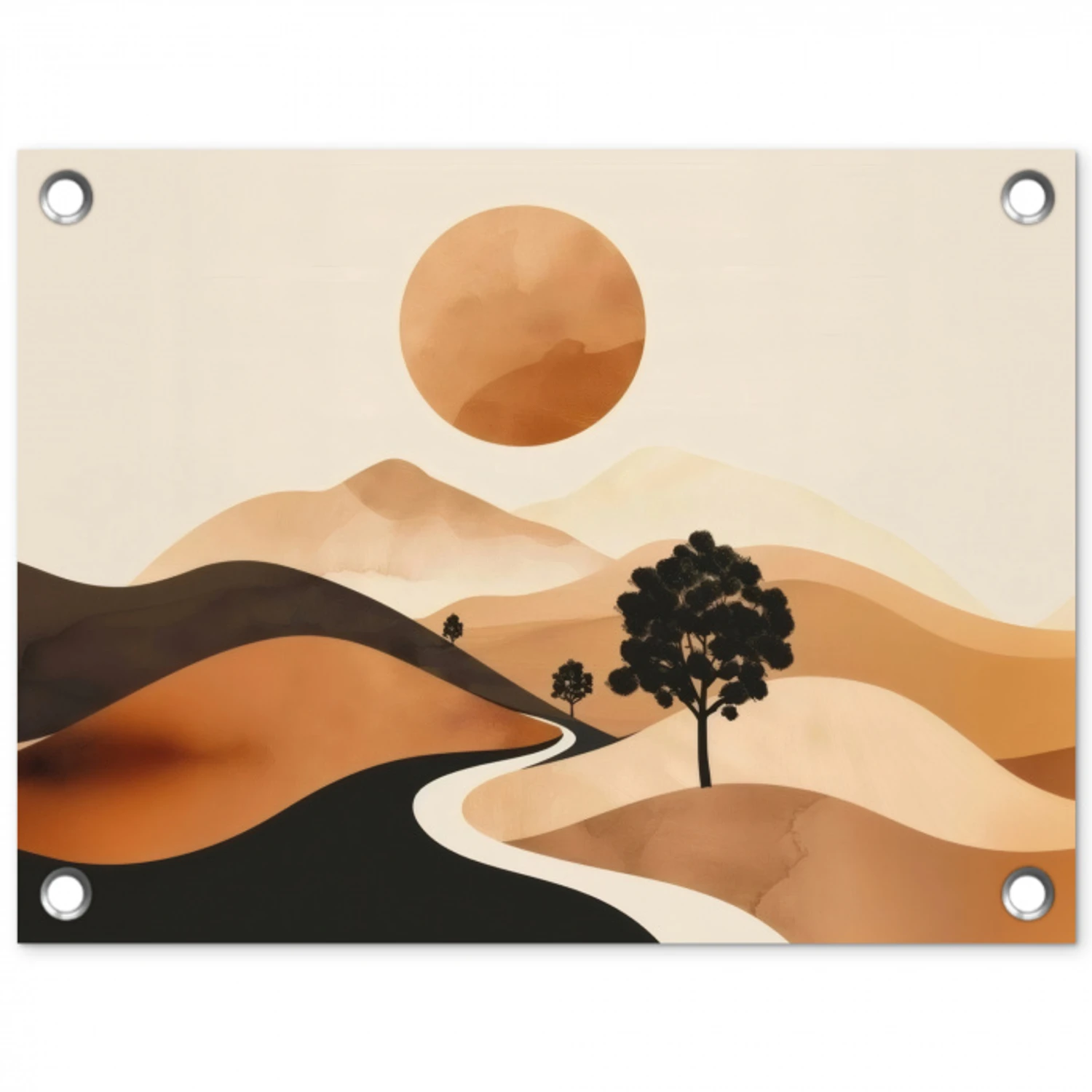 Zon - Heuvels - Boom - Abstract tuinposter los doek klein -3d