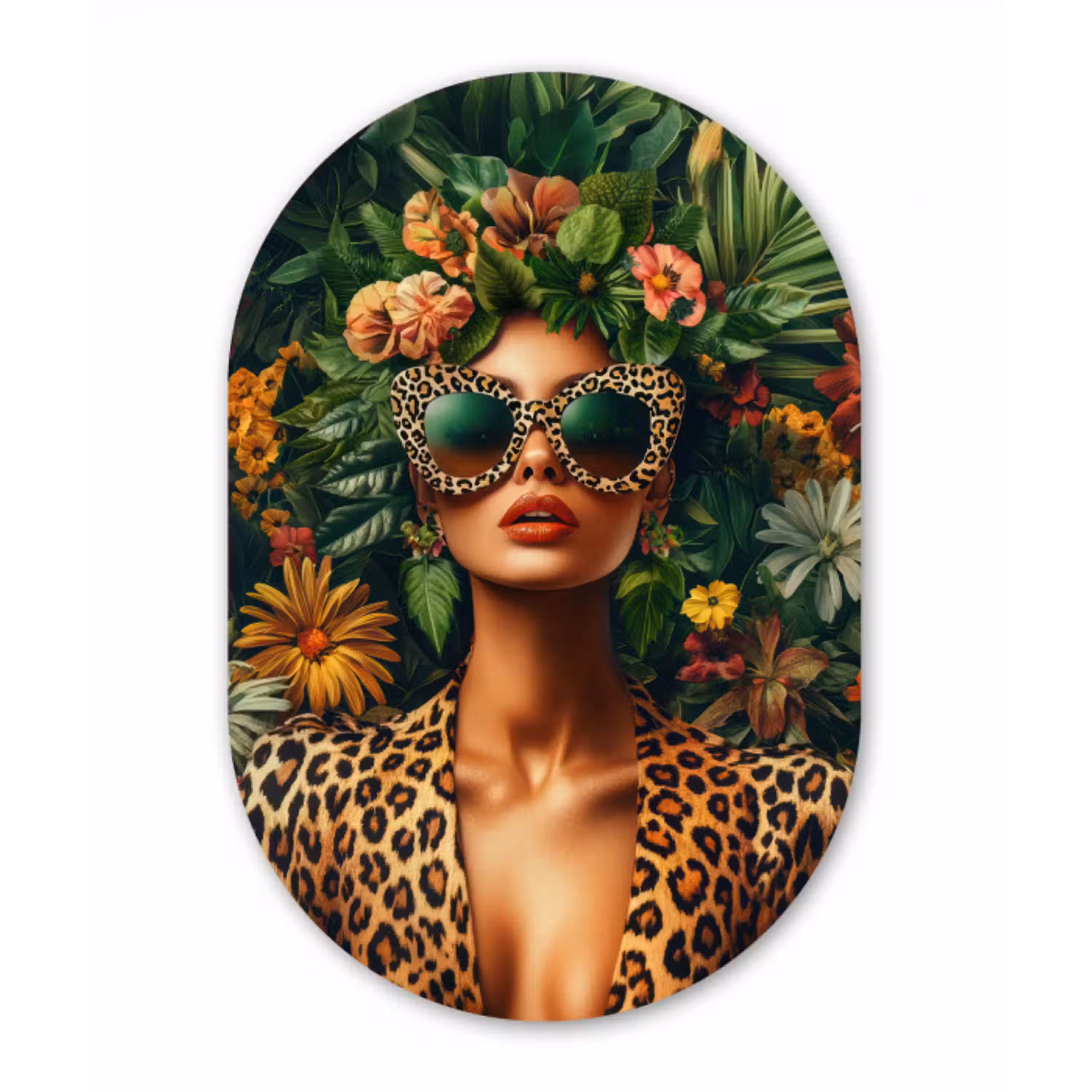 Vrouw - Panterprint - Jungle - Natuur - Luxe Wandcirkel Ovaal Aluminium middel -3d
