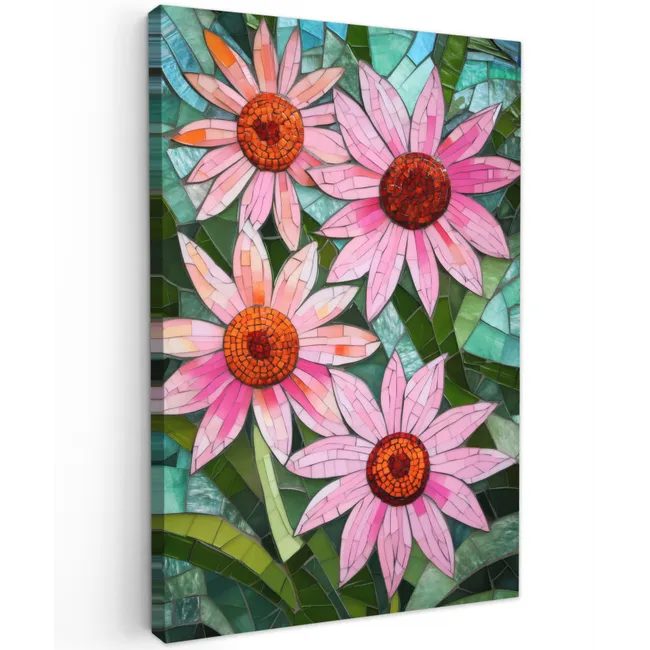 Bloemen - Roze - Glasmozaïek Tuinposter op houten frame 2 cm dik klein -3d