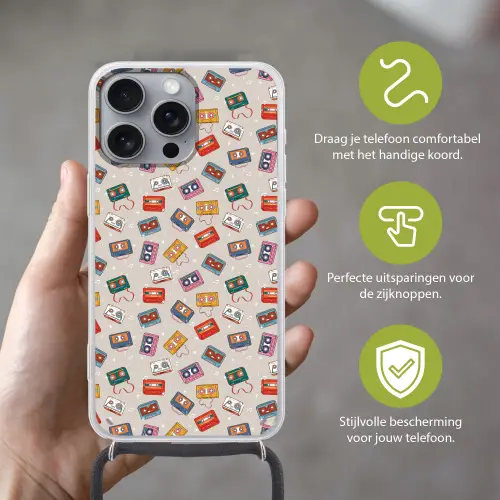 Muziek - Cassette - Patroon Hoesje iPhone 16 Pro Max met koord klein 804 -sfeer2_NL