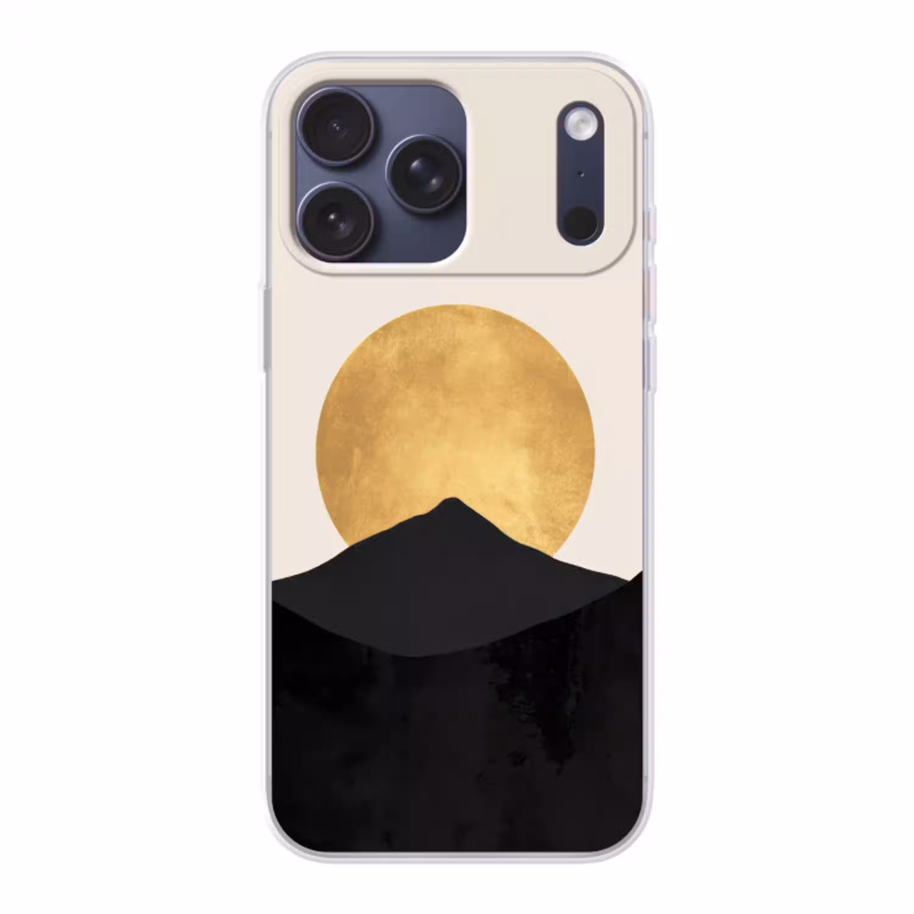 Bergsilhouetten - Gouden cirkel - Beige Telefoonhoesje iPhone 17 Pro Max klein -3d
