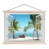Doorkijk - Strand - Palmboom - Boot - Tropisch - Zee - Blauw textielposter latten blank klein -3d