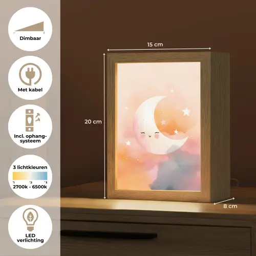 Maan - Gezichtje - Sterren - Roze Light Box met kabel klein -USP_NL