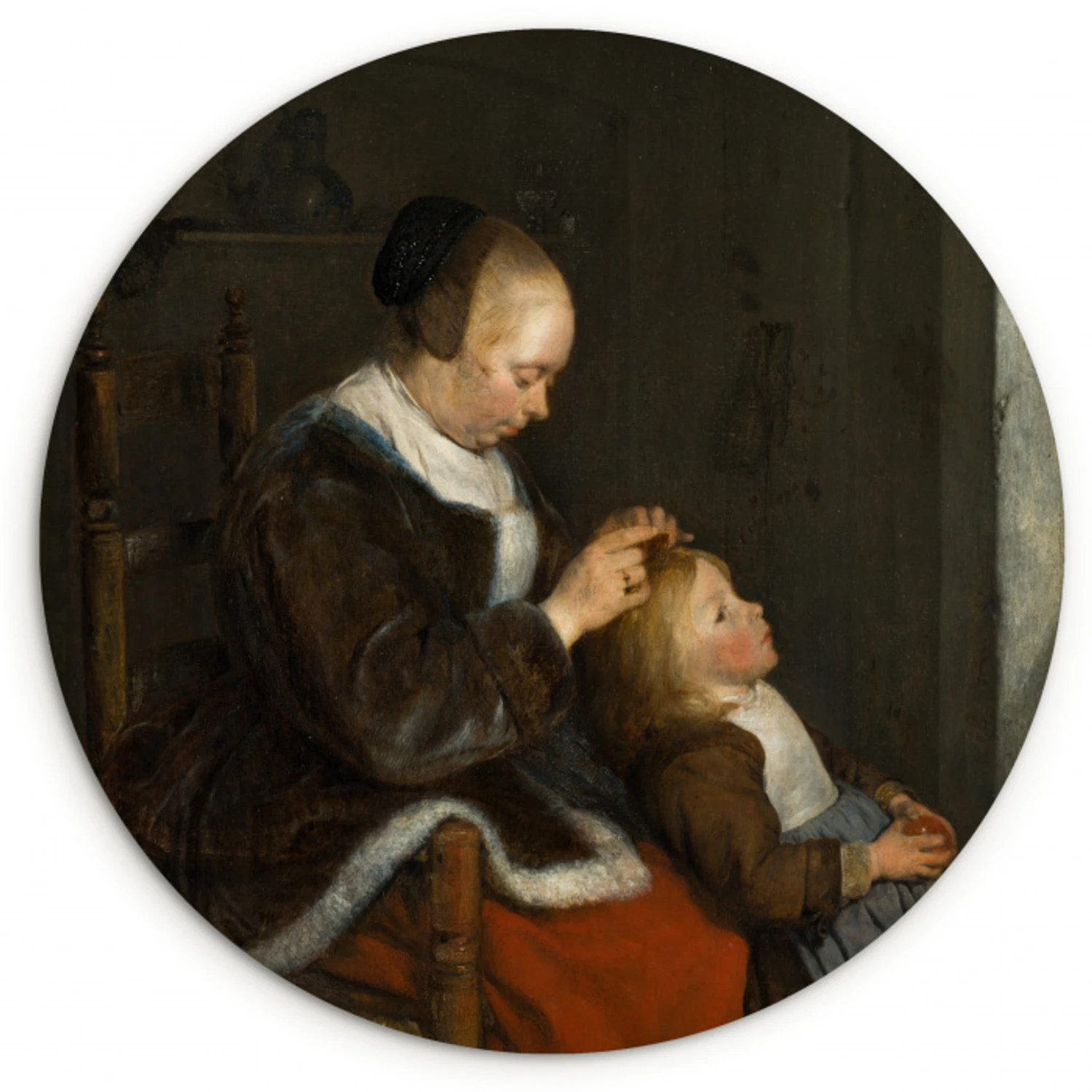 De luizenjacht - Schilderij van Gerard ter Borch Wandcirkel kunststof plaat 5mm dik klein -3d