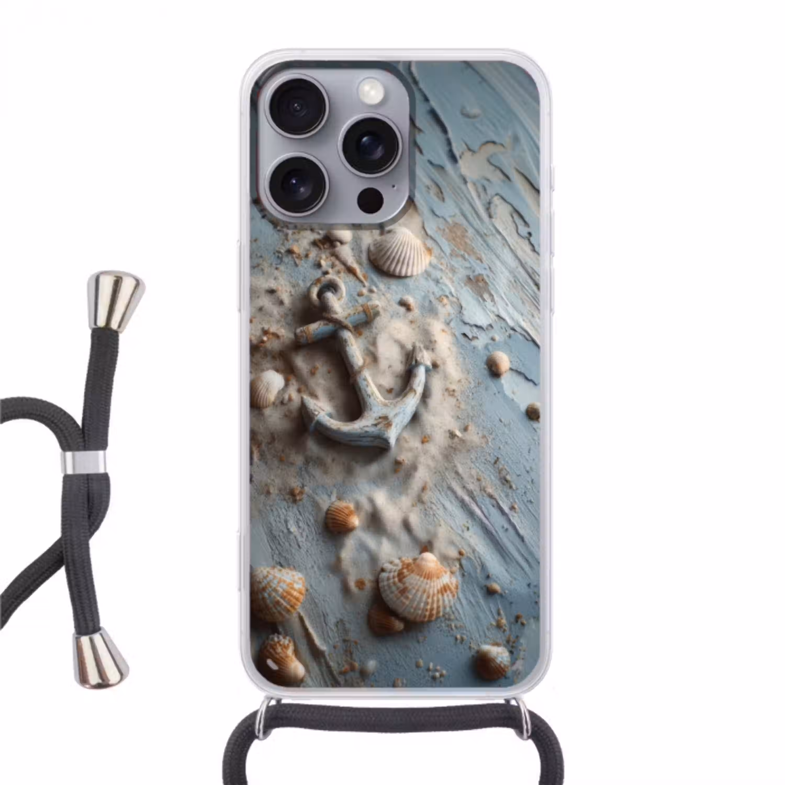 Anker - Hout - Schelpen - Zand Hoesje iPhone 16 Pro Max met koord klein -3d
