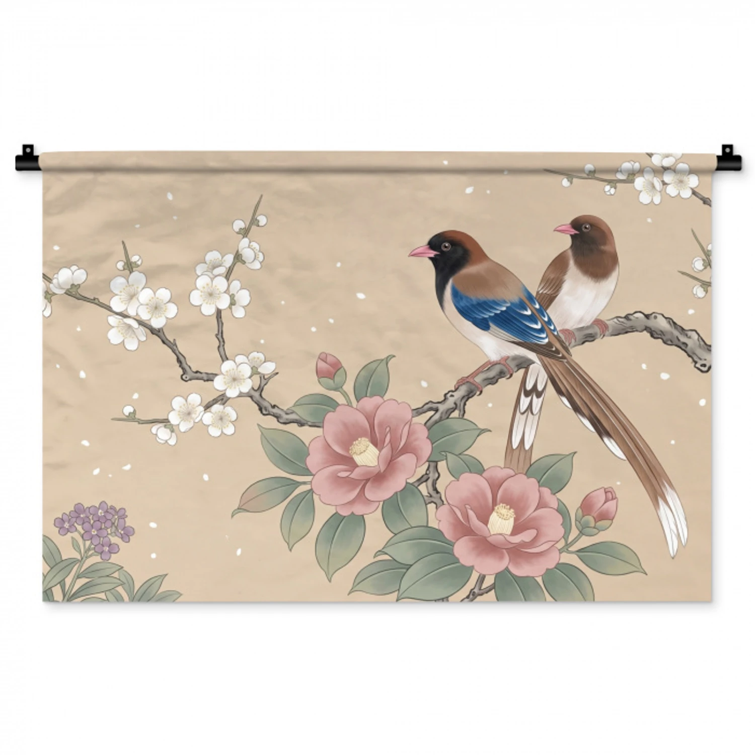 Bloemen - Vogels - Bloemen Wandkleed katoen middel -zz3d