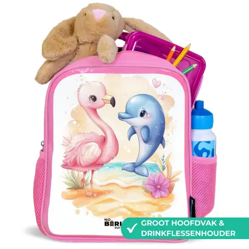 Roze flamingo en blauwe dolfijn op een strand Kinderrugzak - Roze middel -inhoud_NL