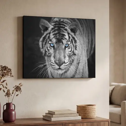 Tijger - Dier - Zwart - Blauw - Modern Textielframe zwart klein -sfeer3