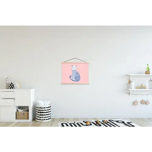 Kat - Illustratie - Minimalistisch - Roze textielposter latten blank klein -kinderkamer