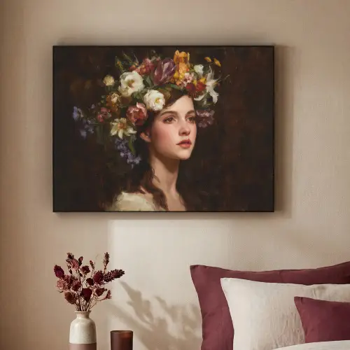 Portret - Vrouw - Bloemen Textielframe zwart klein -sfeer1
