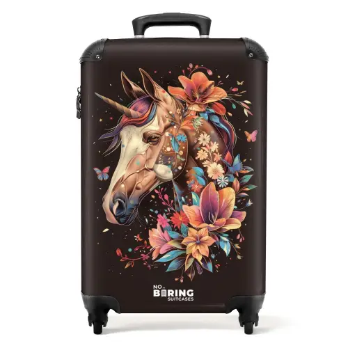 Eenhoorn en Bloemen op Zwarte Achtergrond NBS - Handbagage koffer - Unisex middel -productfoto_recht