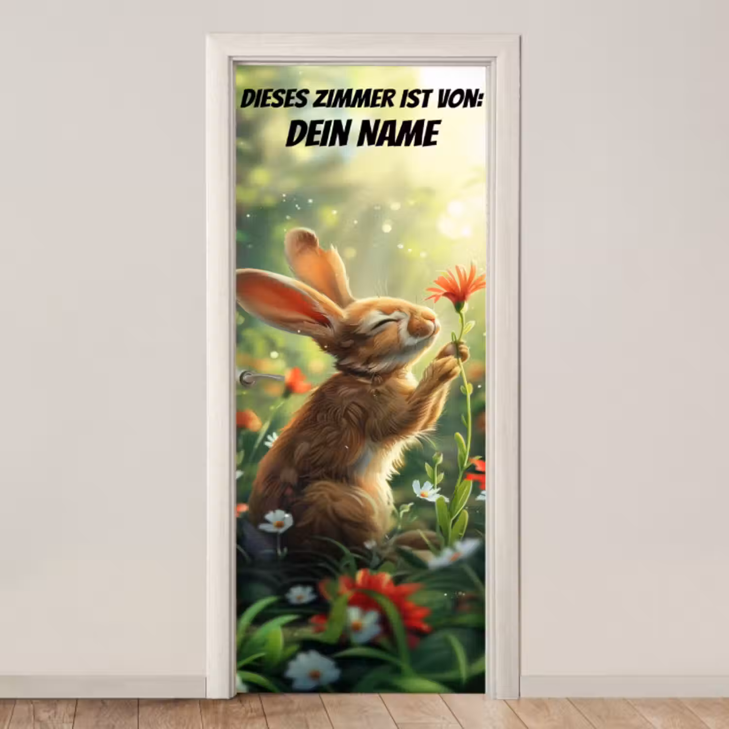 Türtapete mit Name - Süßer Hase mit Blume und Namensfeld.