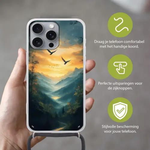 Vogels - Zon - Bomen - Groen Hoesje iPhone 16 Pro Max met koord klein -sfeer2_NL