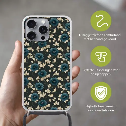 Botanisch - Bloemen - Blauw Hoesje iPhone 16 Pro Max met koord klein 804 -sfeer2_NL