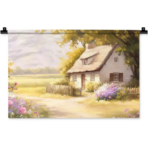 Huisje - Hout - Bloemen Wandkleed katoen klein -zz3d