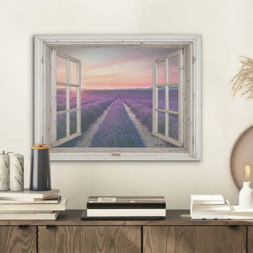 Doorkijk - Lavendel - Bloemen - Hout - Zonsondergang - Paars PET vilt klein -sfeer1