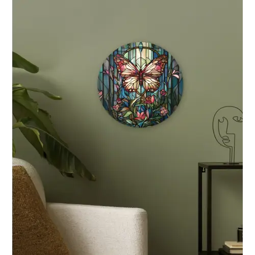 Vlinder - Roze - Bloemen - Bladeren Wandcirkel kunststof plaat 5mm dik klein -sfeer3