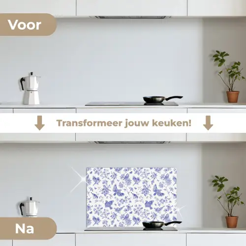 Birds - Flowers - Blue keuken achterwand spatscherm klein 900 -voor_na_NL