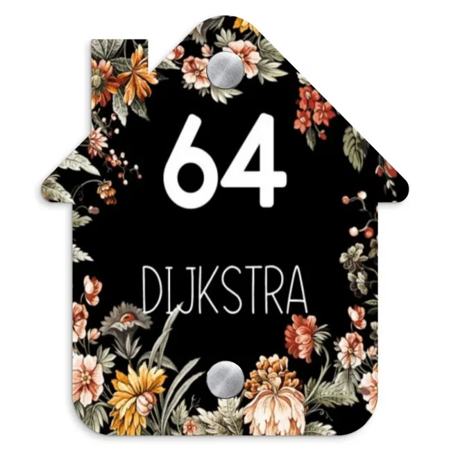 Bloemen - Zwart - Modern Naambord Huisje klein -3d