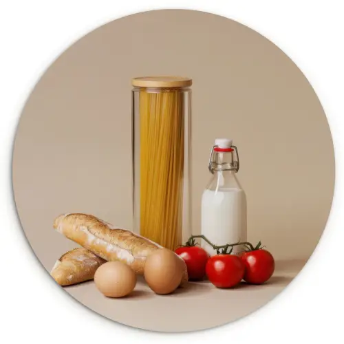 Spaghetti - Melk - Tomaten - Eieren - Brood Wandcirkel kunststof plaat 5mm dik klein -3d
