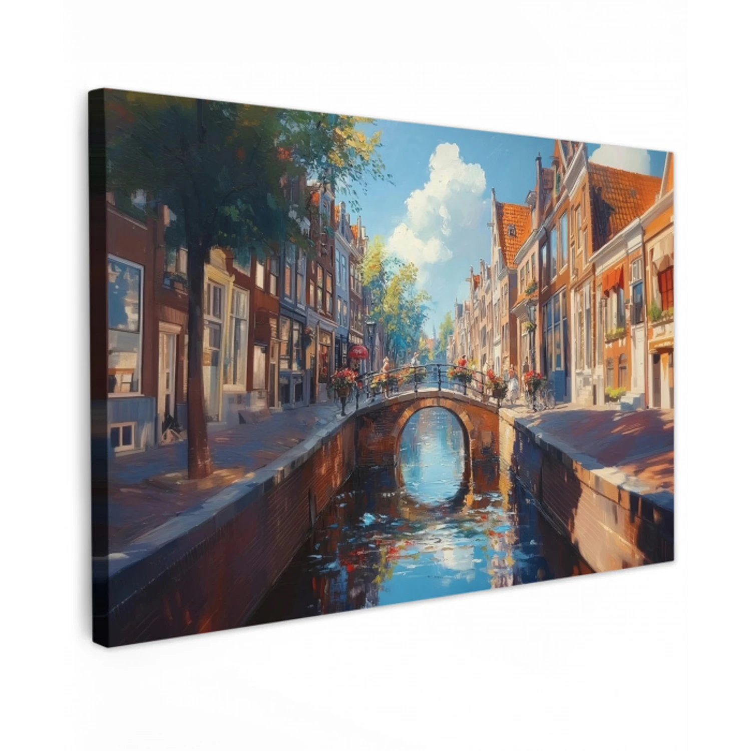 Stad - Gracht - Zon - Fietsen Tuinposter op houten frame 2 cm dik klein -3d