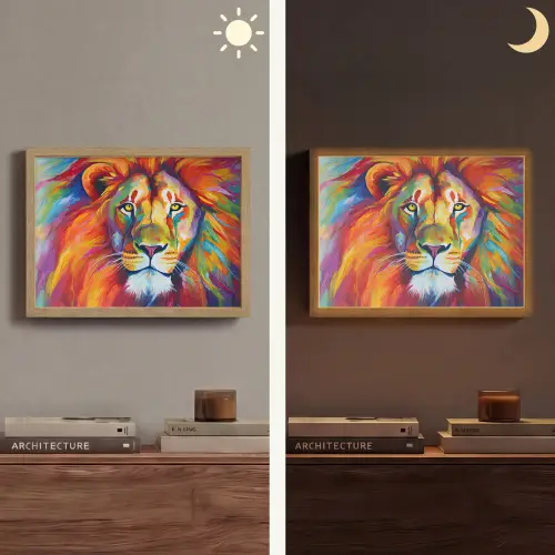 Leeuw - Dieren - Olieverf - Regenboog Light Box met batterij (Wandlamp) middel -sfeer3