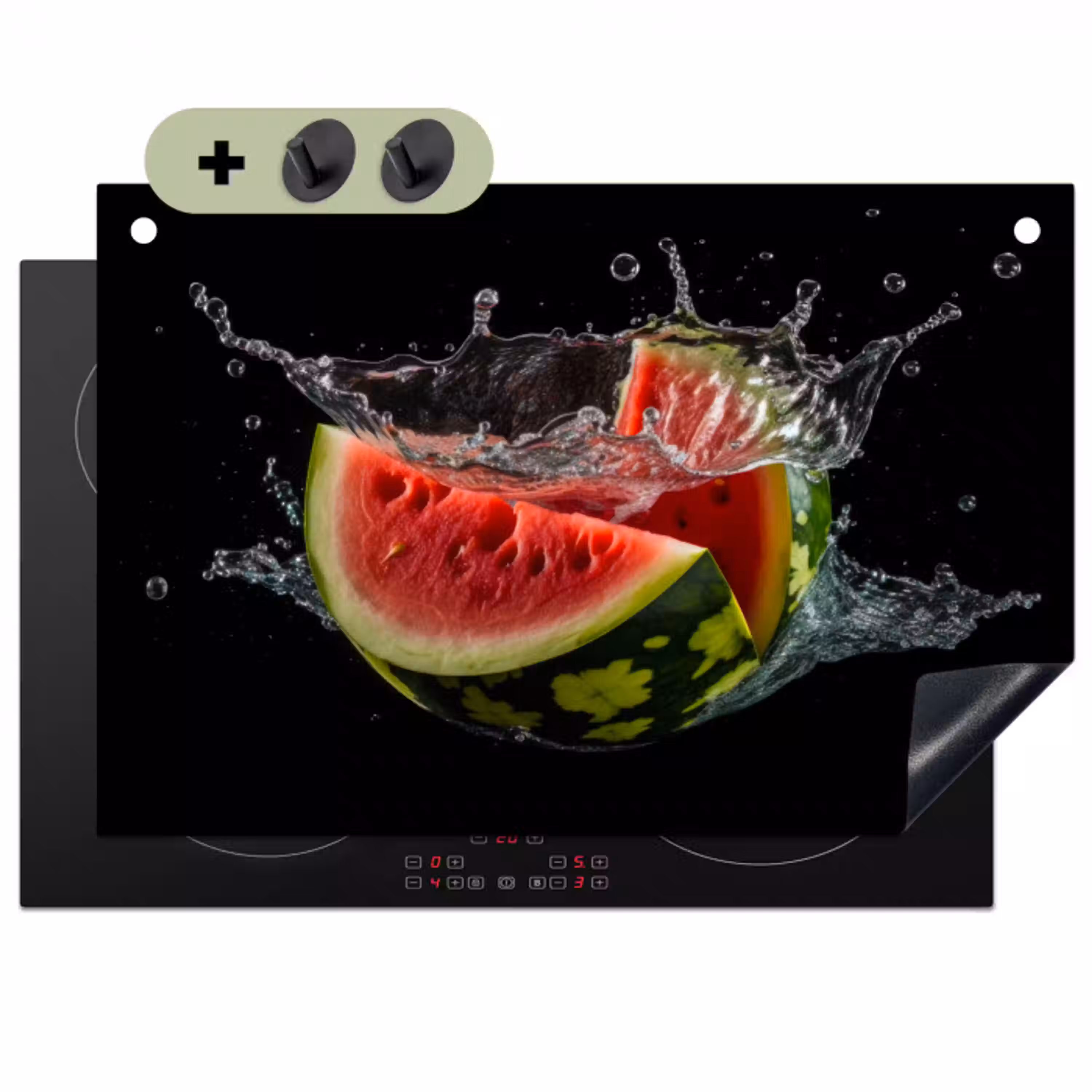 Watermeloen - Zwart - Water - Fruit - Meloen Inductie beschemer met haakjes klein -3d