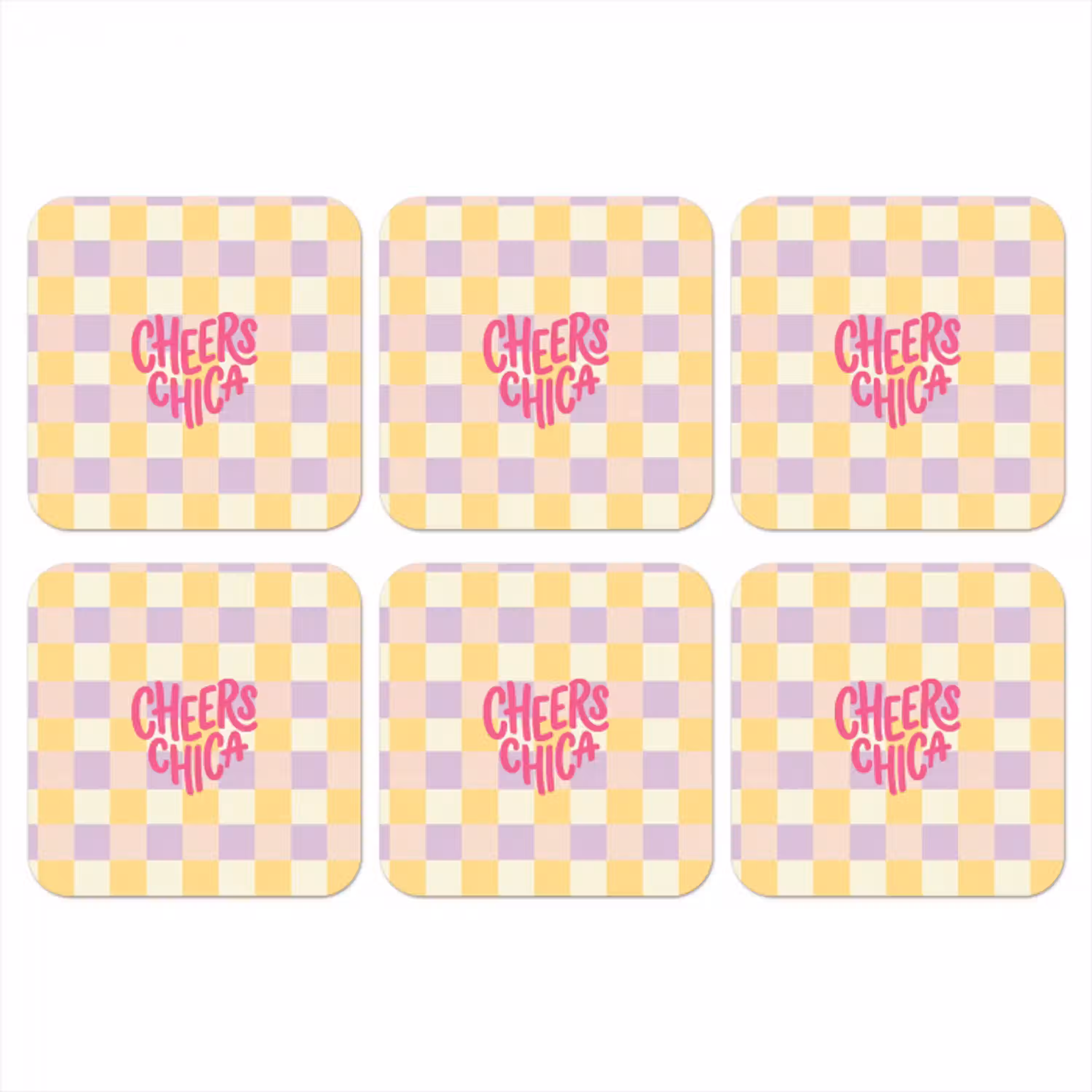 Cheers Chica - Ruitjes - Lila - Geel onderzetter kurk middel -3d