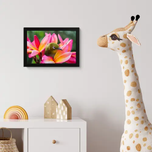 Tropische vogel tussen roze bloem fotolijst zwart zonder passe partout klein -usfeer4_kinderkamer