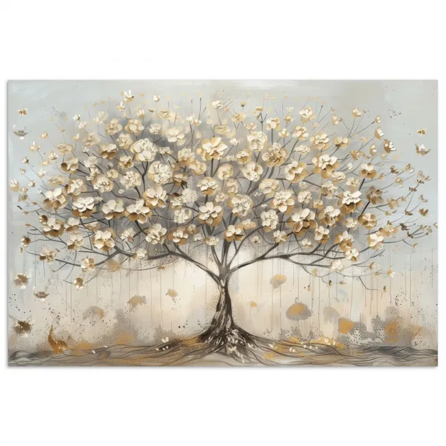 Poster - Boom - Beige - Goud - Verflook - Grijs