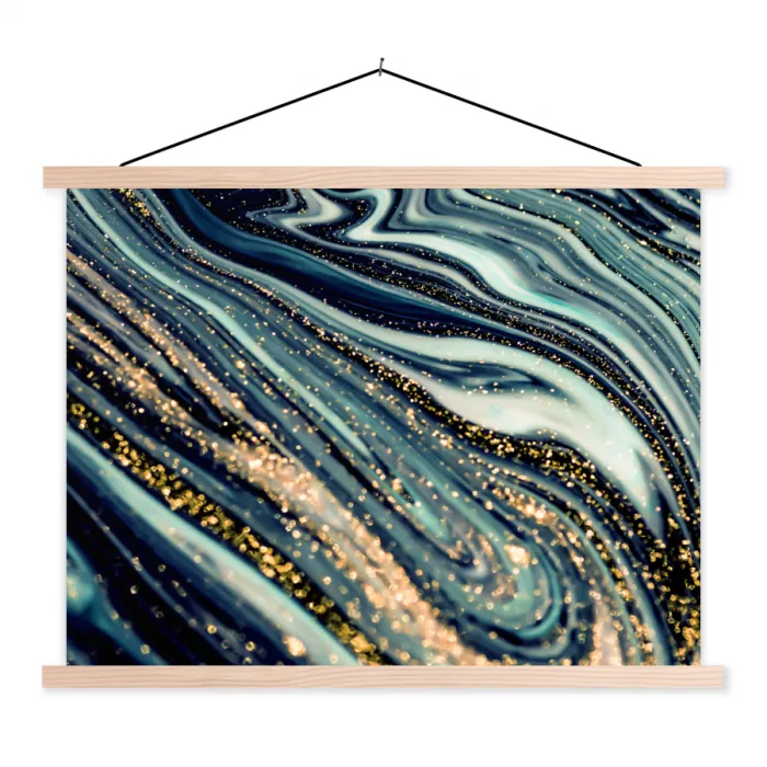 Marmer - Goud - Blauw - Glitter - Marmerlook - Abstract textielposter latten blank klein -3d