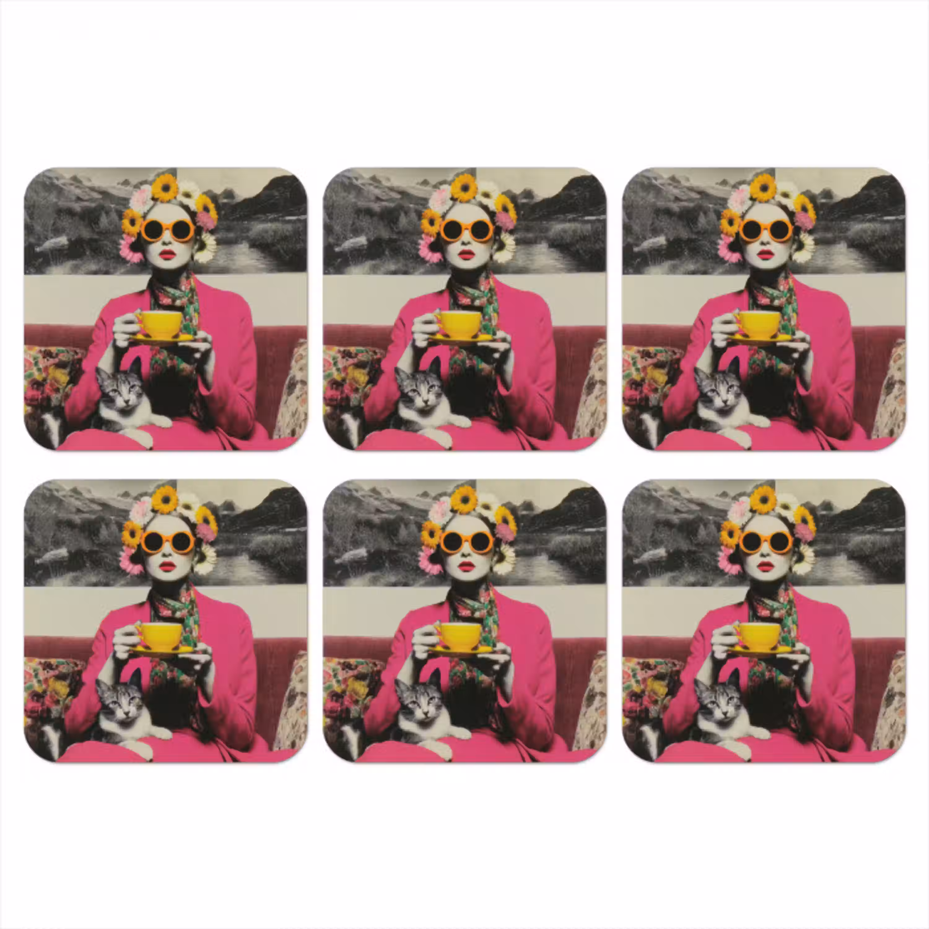 Vrouw - Kat - Bloemen - Kopje - Retro onderzetter kurk middel -3d