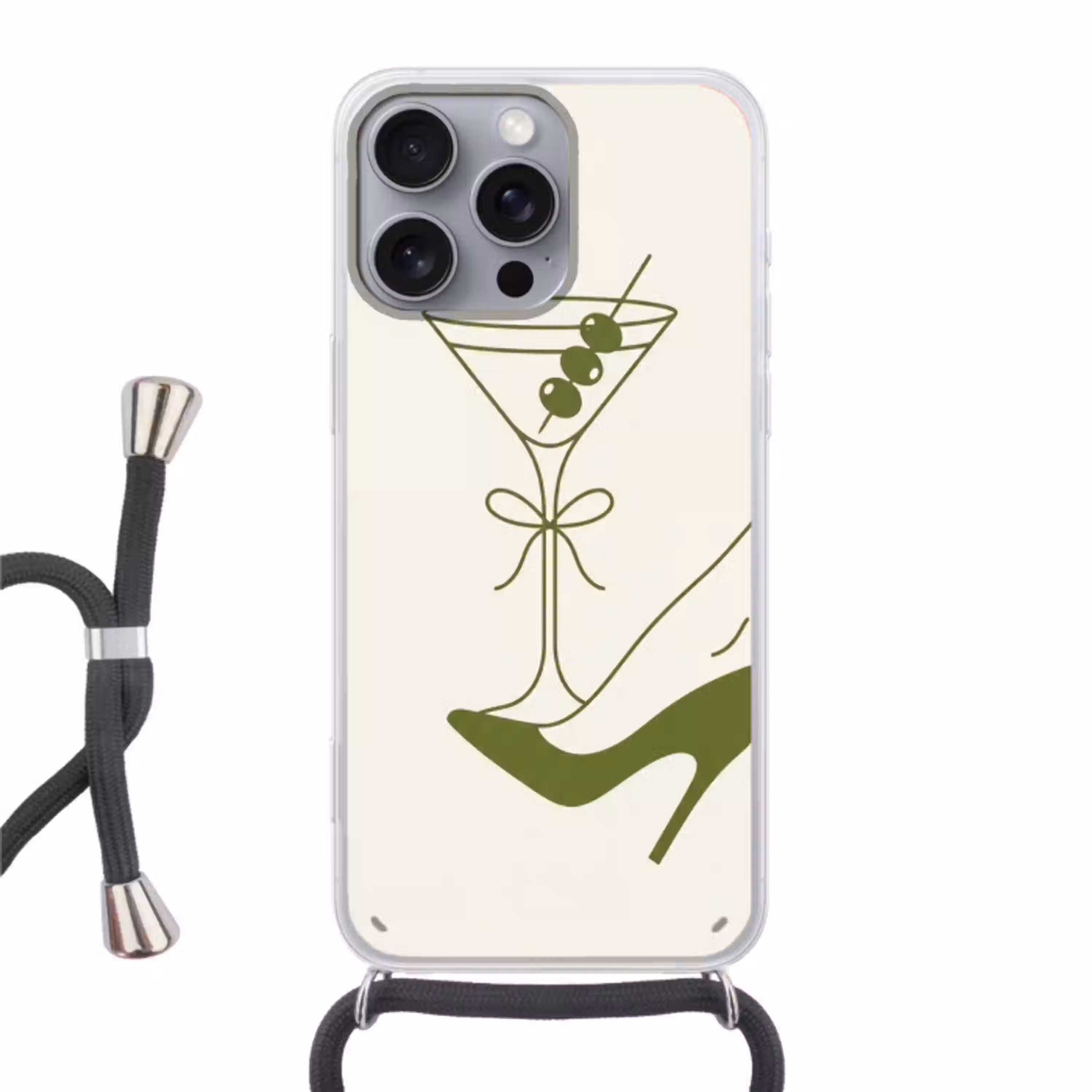 Drank - Martini - Hoge hak - Mode - Groen Hoesje iPhone 16 Pro Max met koord klein -3d