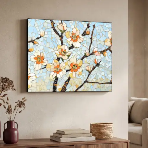 Bloesems - Wit - Mozaïek - Tak Textielframe zwart klein -sfeer3