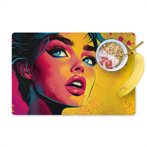 Close-up - Vrouwengezicht - Stippen - Geel Placemat vinyl groot -zzzproduct_Kitchenyeah-website
