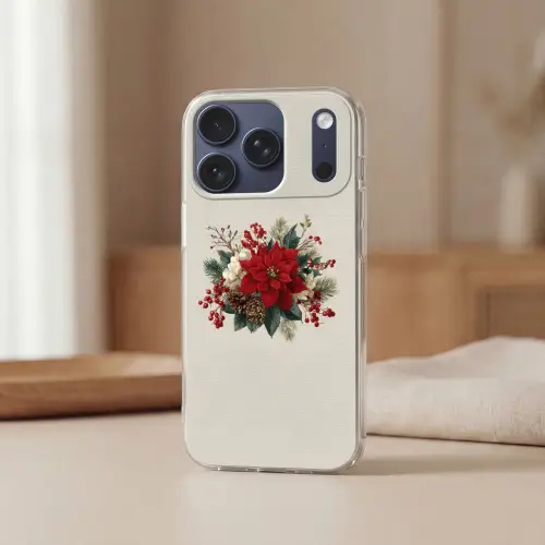 Kerststuk - Poinsettia - Dennenappels - Rood Telefoonhoesje iPhone 17 Pro klein -sfeer2